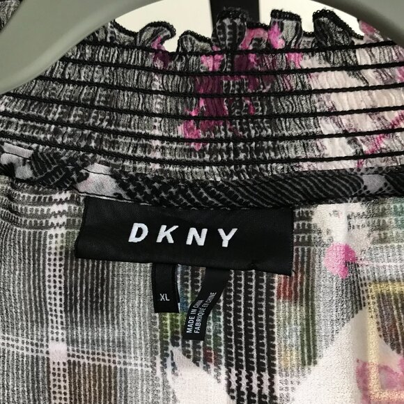 DKNY size XL Sheer Black Glen Plaid Chiffon Pink Floral & Lace Blouse Top - Picture 5 of 8